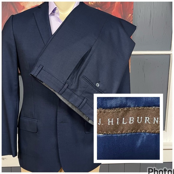 J. Hilburn Custom Hopsack Suit Mens 38S Short Slim Fit Wool Pants 32x29 Navy